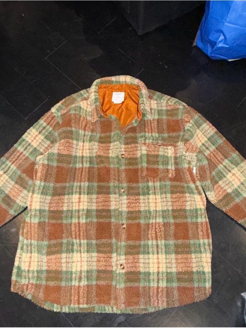 RVCA Womens fuzzy Plaid Shirt Jacket in Brown & Green
